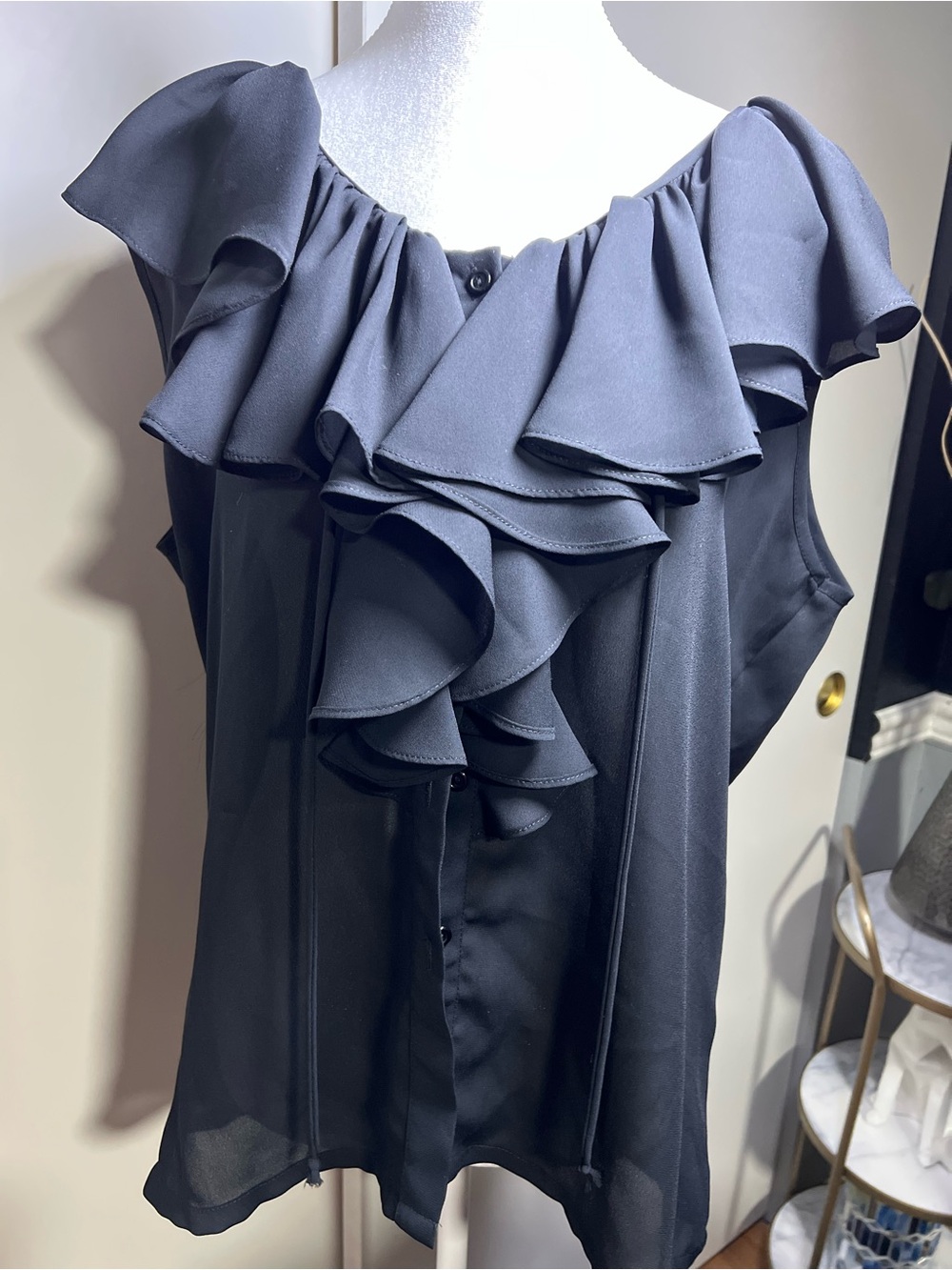 Elegant Black Ruffle Front Sleeveless Blouse
